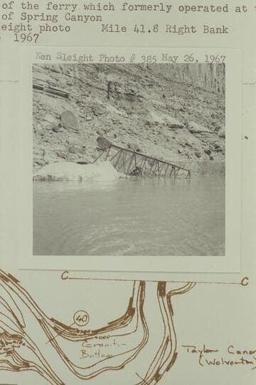 Wreck of the ferry which formerly operated at the mouth of Spring Canyon. Mile 41.8 right bank