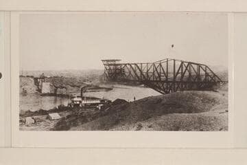 Building of the Topock Bridge. The steamer is the "Gila."