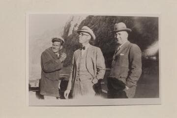 Murl Emory, E. Mead and Senator Scrugham. Murl Emory was boat pilot for survey teams sent by U. S. Govn't for Boulder Dam