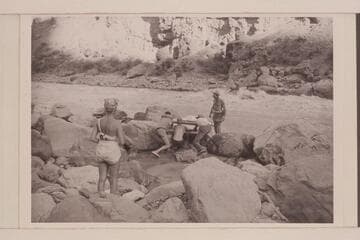 Portage at Lava Falls. Left to right: Margaret Marston; Garth Marston; Frost; Riffey; Nevills