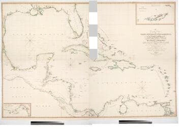 General Chart of the West Indies and Gulf of Mexico, describing the Gulf and Windward Passages, Coasts of Florida, Louisiana and Mexico, Bay of Honduras and Mosquito Shore; Coast of the Spanish Main to the Mouth of the Orinoco. Drawn from the Surveys taken by Mr. Geo. Gaulo and others, the New Spanish Charts, &c. and adjusted for Recent Observations. J. Fodd Dessiou; Master of the Royal Navy. Approved by the Chart Committee of the Admiralty. London. Published by W. Faden, Geographer to His Majesty, and His Royal Highness the Prince of Wales. Charing Cross June 4th 1808. Written and engraved by John Roper