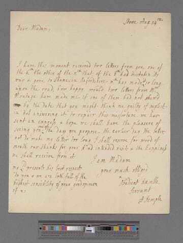 Grenville-Temple, Anna (Chambers), Countess Temple. Letter to Elizabeth (Robinson) Montagu