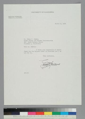 Ernest Lawrence, of the University of California and member of the National Academy of Sciences Barnard Medal Committee, writes to EPH