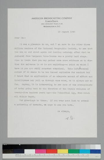 Elmer Davis, fellow Rhodes scholar of EPH's, writer, and news analyst during World War II, writes to EPH