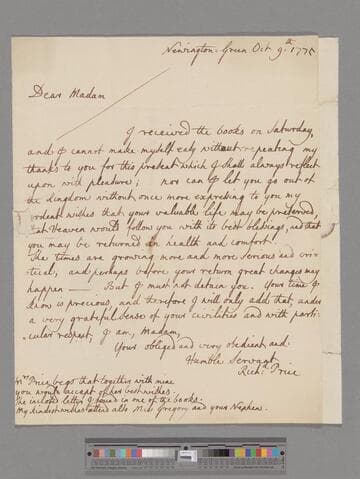 Price, Richard. Letter to Elizabeth (Robinson) Montagu