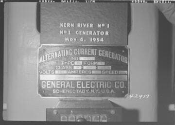 Kern River No. 1 - Generator Name Plate