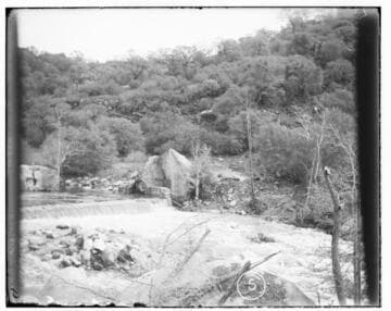 Dam at intake of Kaweah #2 Hydro Plant on Kaweah River. March 1904. For left half of panorama. see G-