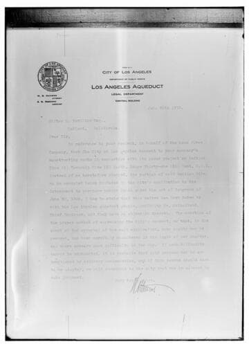 Letter to Wiliton S. Hamilton (Mono Power Co.) From W.B. Mathews (Los Angeles Dept. of Pubic Works/Los Angeles Aqueduct) regarding the construction of hydroelectric power projects in the Owens Valley. No number originally assigned by Cal. Electric and