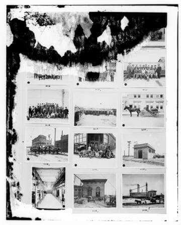This is a multi-image negative that depicts group portraits, horse drawn vehicles, substations, and L.B.S.P. construction. Undamaged images included on the plate are copies of original negatives: 02 - 01854; 02