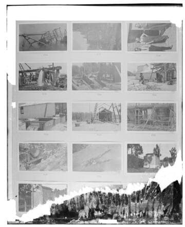 This is a multi-image negative that depicts pumping plants, L.B.S.P., Kern River 1 construction, Montecito Sub. Undamaged images included on the plate are copies of original negatives: 02 - 00716; 02
