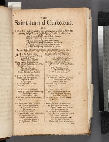 The saint turn'd curtezan: or, A new plot discover'd by a precious zealot, of an assault and battery design'd upon the body of a sanctify'd sister, &c. Who in her husband's absence, with a brother did often use to comfort one another till wide mouth'd Crop, who is an old Italian, took his mare napping, and surpriz'd her stallion: who 'stead of entertainment from his mistris, did meet a cudgelling not match'd in hist'ries. To the tune of the Quakers ballad: or, All in the land of Essex