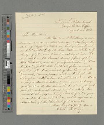 Elisha Whittlesey, Washington, D.C., letter to Abraham Lincoln
