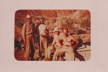 Boatmen of the Nevills San Juan party which left Mexican Hat in 1948, May 19. L to R: Frank Wright, George Wing, Ben Hess and Nevills