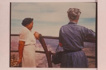 Lodell Matthews and Margaret Marston at the South Rim. Lodell made a boat trip from Lees Ferry to the Glen Canyon Damsite and back on 1956, June 03
