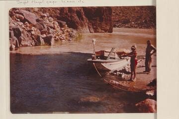 Marson fishing in Tapeats Creek, Taylor watching. The "Esmeralda" in the lagoon