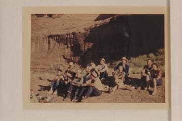 The San Juan party which left Mexican Hat with the Mexican Hat Expedition on 1952, June 04. Posed outside Hidden Passage