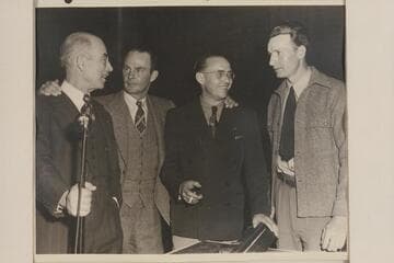 Boatmen of the Nevills party which had completed the runs of the Salmon and Snake Rivers in 1946: Dock Marston, Norm Nevills, Pres Walker and Kent Frost