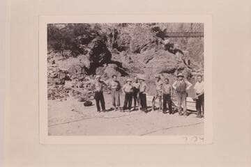 The 1942 Nevills party on the beach at Bright Angel Creek: Norm Nevills, Ed Olsen, Bruce Wilson, Dock Marston, Neill Wilson, Garth Marston, Pres Walker, Ed Hudson and Wayne McConkie