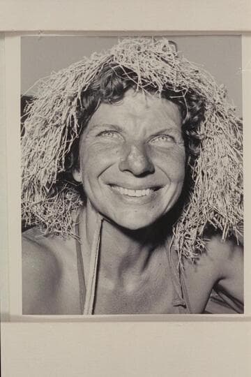 Georgie White wearing remnants of hat at end of Grand Canyon traverse. Temple Bar; Lake Mead