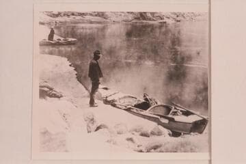 Nat Galloway and his boat at the mouth of Bright Angel Creek in Grand Canyon. Galloway-Stone Voyage of 1909. The Galloway-Stone design was perfected for lightness during this trip. Later copies have been heavier
