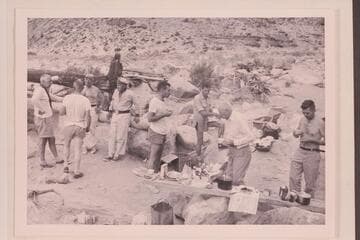 Crew in camp at head of Soap Creek Rapid: Masland, Taylor, Marston, Sanderson, Marston, Beer, Desloge and Cutler