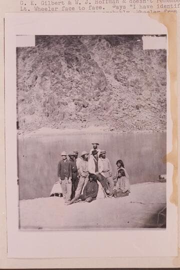 Wheeler crew at Diamond Creek. The central figure in white is George W. Wheeler; back of Wheeler is G. K. Gilbert