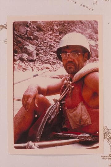 Les Jones near the end of his transit of the Grand Canyon in October, 1963. About Mile 232. Photo captioned: M239 After Separation