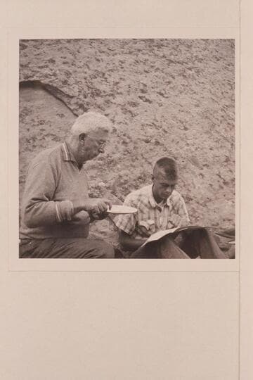 Noel Morss and Christy Turner work the archeology. Camp at head of middle fork of 73.6