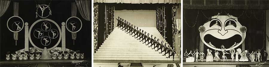 Left: “Hoops M’Idea,” 1927. From a display advertisement in the Los Angeles Times for the Loew’s State Theater: “On the stage…Fanchon & Marco’s ‘Hoops M’Idea’ featuring Renoff and Renova, world’s greatest classical dancers, Sunkist Beauties—All Beauts! Juanita Wray, prima donna of ‘Castles in the Air’ – The Lovetts – Scotty Westen, Natalie Harrison.” Photograph by Harry Wenger. Center: “Stairway of Dreams Idea,” 1928. From a display advertisement in the San Jose Evening News: “Fanchon and Marco’s ‘Stairway of Dreams.’ Biggest stage spectacle in months with 20 great girls. Flo and Ollie Walters, Woods Miller, and of course, Milt Franklyn and his band!” Unidentified photographer. Right: “Masks Idea,” 1927. According to the Los Angeles Times: “On the stage, Rube Wolf ‘world’s homeliest musical shriek’ makes his debut at the Metropolitan in Fanchon and Marco’s ‘Masks.’” Rube Wolf, who dropped one f from his surname, was Fanchon and Marco’s brother and an orchestra leader for the company; he also played trumpet. Left: “Hoops M’Idea,” 1927. From a display advertisement in the Los Angeles Times for the Loew’s State Theater: “On the stage…Fanchon & Marco’s ‘Hoops M’Idea’ featuring Renoff and Renova, world’s greatest classical dancers, Sunkist Beauties—All Beauts! Juanita Wray, prima donna of ‘Castles in the Air’ – The Lovetts – Scotty Westen, Natalie Harrison.” Photograph by Harry Wenger. Center: “Stairway of Dreams Idea,” 1928. From a display advertisement in the San Jose Evening News: “Fanchon and Marco’s ‘Stairway of Dreams.’ Biggest stage spectacle in months with 20 great girls. Flo and Ollie Walters, Woods Miller, and of course, Milt Franklyn and his band!” Unidentified photographer. Right: “Masks Idea,” 1927. According to the Los Angeles Times: “On the stage, Rube Wolf ‘world’s homeliest musical shriek’ makes his debut at the Metropolitan in Fanchon and Marco’s ‘Masks.’” Rube Wolf, who dropped one f from his surname, was Fanchon and Marco’s brother and an orchestra leader for the company; he also played trumpet.