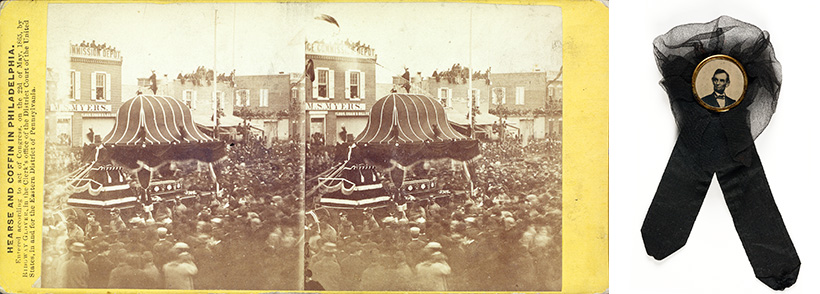 The stereograph by Ridgeway Glover (1831-1866) shows the hearse that carried Lincoln’s casket through Philadelphia’s packed streets on April 23, 1865. Many wore mourning badges, like the one on the right, which features an 1865 gem tintype photograph by Anthony Berger for the Mathew B. Brady Studio. The stereograph by Ridgeway Glover (1831-1866) shows the hearse that carried Lincoln’s casket through Philadelphia’s packed streets on April 23, 1865. Many wore mourning badges, like the one on the right, which features an 1865 gem tintype photograph by Anthony Berger for the Mathew B. Brady Studio.