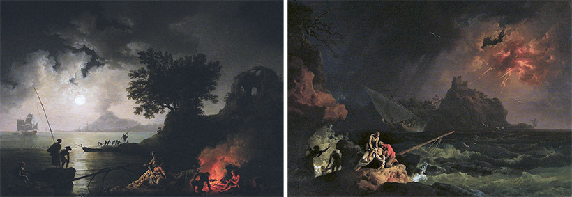 Pierre-Jacques Volaire (French, 1729–1799), View of Naples in Moonlight (left) and Scene of a Shipwreck (right) (1770), oil on canvas. The Huntington Library, Art Collections, and Botanical Gardens. Pierre-Jacques Volaire (French, 1729–1799), View of Naples in Moonlight (left) and Scene of a Shipwreck (right) (1770), oil on canvas. The Huntington Library, Art Collections, and Botanical Gardens.