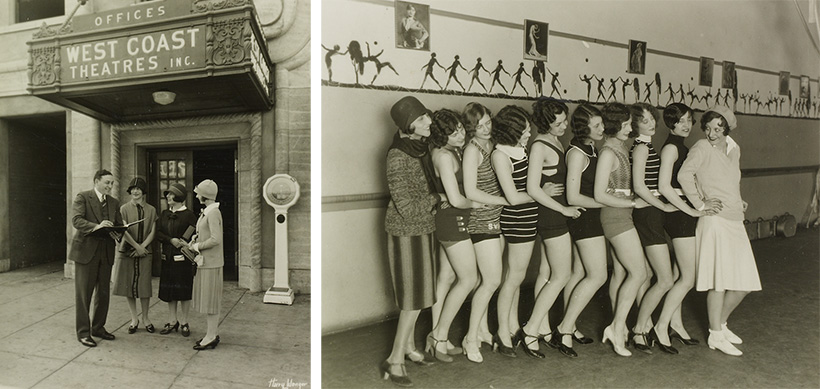 Left: Marco Wolff, far left, with three unidentified women outside the Los Angeles home office of West Coast Theatres, one of the largest theater owners and operators in the country. Fanchon and Marco did business with them and provided shows for all of their theaters. Photograph by Harry Wenger. Right: Fanchon Wolff, far left, and performers rehearsing for the “Opportunity Idea,” 1928. Unidentified photographer. Left: Marco Wolff, far left, with three unidentified women outside the Los Angeles home office of West Coast Theatres, one of the largest theater owners and operators in the country. Fanchon and Marco did business with them and provided shows for all of their theaters. Photograph by Harry Wenger. Right: Fanchon Wolff, far left, and performers rehearsing for the “Opportunity Idea,” 1928. Unidentified photographer.