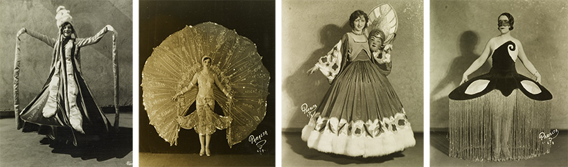 From left to right: A dancer wearing an “asparagus top” headpiece for the “Salad Idea,” photograph by Harry Wenger; a dancer in the “Peacock Idea,” 1927, photograph by Paralta Studios; a dancer in the “Masks Idea,” 1927, photograph by Paralta Studios; Norma Wilson in the “Masks Idea,” 1927, photograph by Paralta Studios. From left to right: A dancer wearing an “asparagus top” headpiece for the “Salad Idea,” photograph by Harry Wenger; a dancer in the “Peacock Idea,” 1927, photograph by Paralta Studios; a dancer in the “Masks Idea,” 1927, photograph by Paralta Studios; Norma Wilson in the “Masks Idea,” 1927, photograph by Paralta Studios.