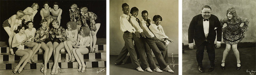 Left: “Seeing Double Idea,” 1930. A reviewer in the Los Angeles Times commented: “whether they are real twins or stage twins, in every case, doesn’t matter. Each pair looks convincingly alike, and they include comedians, tumblers, fun-makers, and dancers.” Photograph by Harry Wenger. Center: The Four Covans (1928), a tap dance group featuring dancing sensation Willie Covan (third from left), his brother Dewey, and their wives. Photograph by Paralta Studios. Right: Roscoe “Fatty” Arbuckle and Nita Martan, stars of “College Capers Idea,” 1928. According to the Los Angeles Times: “F&M, gunning for big names for their stage Ideas, have just signed…Arbuckle to star in person in ‘College Capers’…in the role of the fat campus freshie.” Photograph by Harry Wenger. Left: “Seeing Double Idea,” 1930. A reviewer in the Los Angeles Times commented: “whether they are real twins or stage twins, in every case, doesn’t matter. Each pair looks convincingly alike, and they include comedians, tumblers, fun-makers, and dancers.” Photograph by Harry Wenger. Center: The Four Covans (1928), a tap dance group featuring dancing sensation Willie Covan (third from left), his brother Dewey, and their wives. Photograph by Paralta Studios. Right: Roscoe “Fatty” Arbuckle and Nita Martan, stars of “College Capers Idea,” 1928. According to the Los Angeles Times: “F&M, gunning for big names for their stage Ideas, have just signed…Arbuckle to star in person in ‘College Capers’…in the role of the fat campus freshie.” Photograph by Harry Wenger.