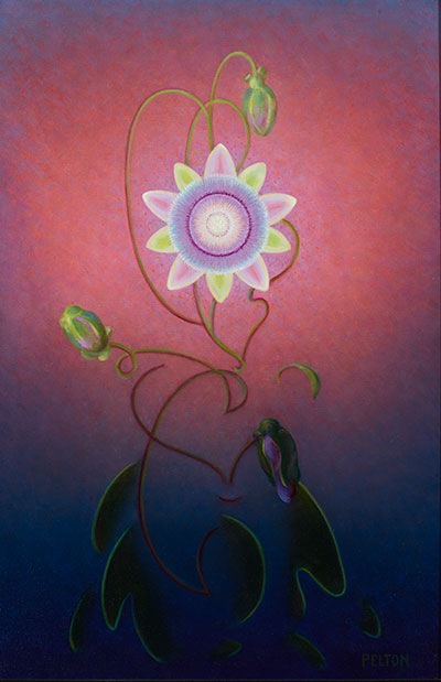 Right: Agnes Pelton (1881–1961), Passion Flower, ca. 1945, oil on canvas, 24 x 16 in. (61 x 40.6 cm). The Huntington Library, Art Collections, and Botanical Gardens. Purchased with funds from the Virginia Steele Scott Foundation Acquisition Fund for American Art. floriform