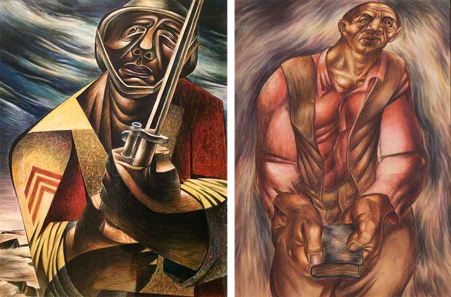 Charles White addressed the terrible history of racial inequality in the United States through portraiture, painting historical figures and generalized types, such as his Soldier, 1944 (left), and Preacher, 1940 (right). Charles White addressed the terrible history of racial inequality in the United States through portraiture, painting historical figures and generalized types, such as his Soldier, 1944 (left), and Preacher, 1940 (right).