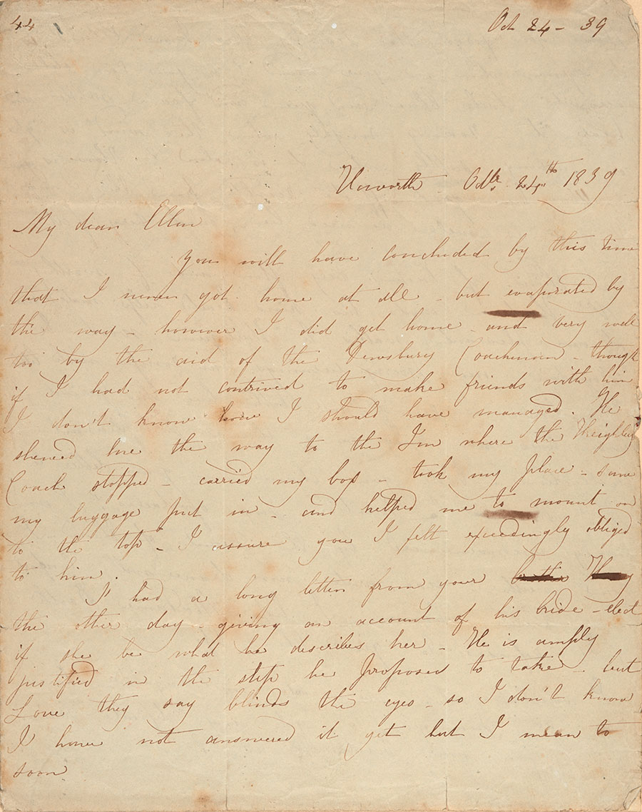First page of Charlotte Brontë’s letter to Ellen Nussey, Oct. 24, 1839. The Huntington Library, Art Collections, and Botanical Gardens.