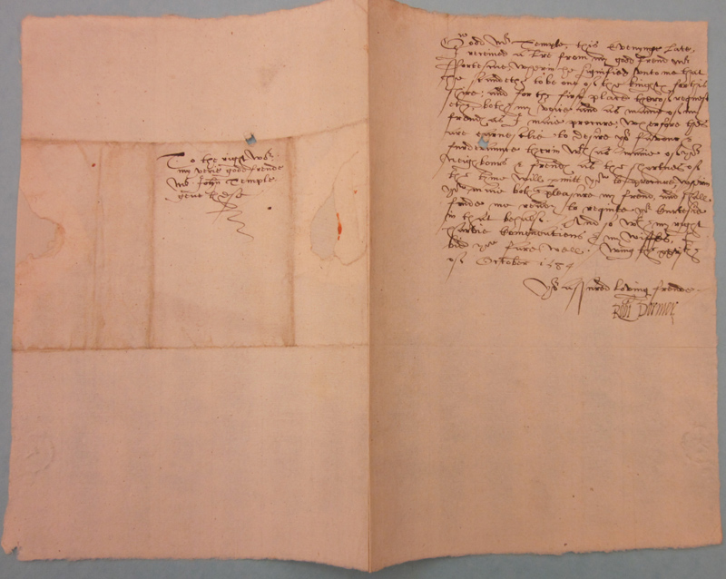 Letter from Robert Dormer, 1st Baron Dormer to John Temple, Oct. 27, 1584 Letter from Robert Dormer, 1st Baron Dormer to John Temple, Oct. 27, 1584