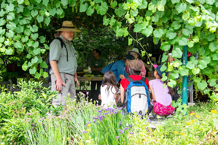 Master gardener volunteer Roger Gray talks with children during a recent Saturday open house at The Huntington’s Ranch Garden. Photo by Deborah Miller.