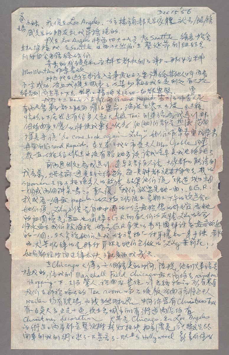 Letter by Lily Lee Chen addressed to her mother, father, and sister, 1956. The Huntington Library, Art Museum, and Botanical Gardens.