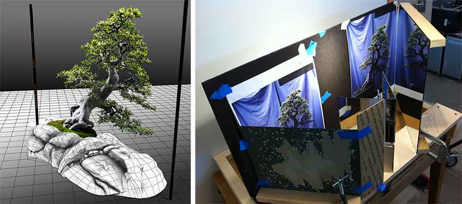Left: Hilyard spent two years manipulating photos of bonsai and penjing. Here is one step in the creation of the final image that opens this article. Right: The photographer created a prototype-viewing device big enough to see the large prints in 3-D. The device currently measures three feet by two feet by 20 inches deep, though he may go larger if he finds the quality improves. Here, low-quality prints stand in for the real thing, allowing him to tweak the proportions and angles of the parts. Left: Hilyard spent two years manipulating photos of bonsai and penjing. Here is one step in the creation of the final image that opens this article. Right: The photographer created a prototype-viewing device big enough to see the large prints in 3-D. The device currently measures three feet by two feet by 20 inches deep, though he may go larger if he finds the quality improves. Here, low-quality prints stand in for the real thing, allowing him to tweak the proportions and angles of the parts.